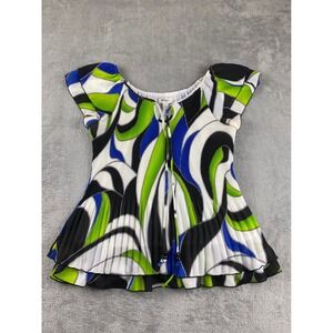 DressBarn Blue Green White Abstract Pleated Top Blouse Size L